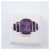 Amethyst Sterling Silver Ring - Size 8 - Cushion-Cut Center Stone with Accent Stones