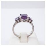Amethyst Sterling Silver Ring - Size 8 - Cushion-Cut Center Stone with Accent Stones