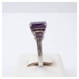 Amethyst Sterling Silver Ring - Size 8 - Cushion-Cut Center Stone with Accent Stones