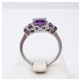 Amethyst Sterling Silver Ring - Size 8 - Cushion-Cut Center Stone with Accent Stones