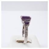 Amethyst Sterling Silver Ring - Size 8 - Cushion-Cut Center Stone with Accent Stones