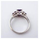 Amethyst Sterling Silver Ring - Size 8 - Cushion-Cut Center Stone with Accent Stones