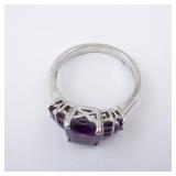 Amethyst Sterling Silver Ring - Size 8 - Cushion-Cut Center Stone with Accent Stones
