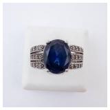 ESPO Lab-Grown Sapphire & CZ Sterling Silver Ring Size 6 - Oval Center Stone