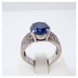 ESPO Lab-Grown Sapphire & CZ Sterling Silver Ring Size 6 - Oval Center Stone