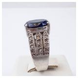 ESPO Lab-Grown Sapphire & CZ Sterling Silver Ring Size 6 - Oval Center Stone