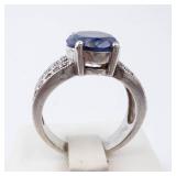 ESPO Lab-Grown Sapphire & CZ Sterling Silver Ring Size 6 - Oval Center Stone