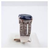 ESPO Lab-Grown Sapphire & CZ Sterling Silver Ring Size 6 - Oval Center Stone