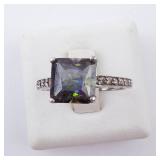 Mystic Topaz Sterling Silver Ring - Size 7 - Cushion Cut with Pavé Band