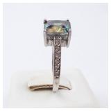 Mystic Topaz Sterling Silver Ring - Size 7 - Cushion Cut with Pavé Band