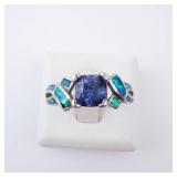 Tanzanite & Created Opal Sterling Ring - Size 9