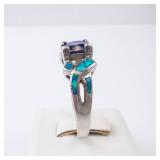Tanzanite & Created Opal Sterling Ring - Size 9