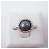 Ring - Black Tahitian Pearl, Sterling Silver, Rope Bezel, Size 5