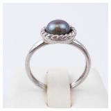 Ring - Black Tahitian Pearl, Sterling Silver, Rope Bezel, Size 5