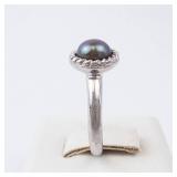 Ring - Black Tahitian Pearl, Sterling Silver, Rope Bezel, Size 5
