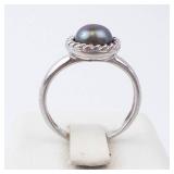 Ring - Black Tahitian Pearl, Sterling Silver, Rope Bezel, Size 5