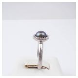 Ring - Black Tahitian Pearl, Sterling Silver, Rope Bezel, Size 5
