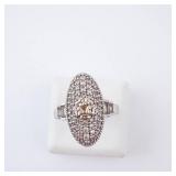CZ Elongated Sterling Silver Ring - Size 8, Oval Pave Top with Gold-Tone Accent