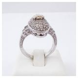 CZ Elongated Sterling Silver Ring - Size 8, Oval Pave Top with Gold-Tone Accent