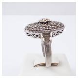 CZ Elongated Sterling Silver Ring - Size 8, Oval Pave Top with Gold-Tone Accent