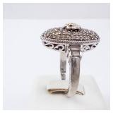 CZ Elongated Sterling Silver Ring - Size 8, Oval Pave Top with Gold-Tone Accent