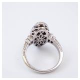 CZ Elongated Sterling Silver Ring - Size 8, Oval Pave Top with Gold-Tone Accent