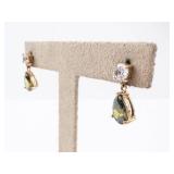 Vermeil Earrings - Round Clear CZ Top & Pear-Peridot Teardrop Drop