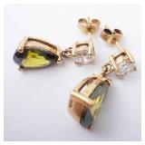Vermeil Earrings - Round Clear CZ Top & Pear-Peridot Teardrop Drop