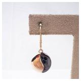 KC Two-Tone Disk Earrings - Black Enamel Half & Gold Tone, Lever-Back Drops