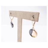 KC Two-Tone Disk Earrings - Black Enamel Half & Gold Tone, Lever-Back Drops