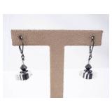Dangle Earrings - Sterling Silver with Black Bead & White Stripe Crystal Cubes