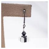 Dangle Earrings - Sterling Silver with Black Bead & White Stripe Crystal Cubes