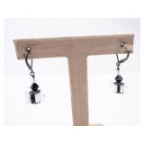 Dangle Earrings - Sterling Silver with Black Bead & White Stripe Crystal Cubes
