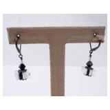 Dangle Earrings - Sterling Silver with Black Bead & White Stripe Crystal Cubes