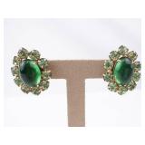 Weiss Clip-On Earrings Emerald Green Cabochon Halo of Green Crystals