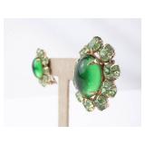 Weiss Clip-On Earrings Emerald Green Cabochon Halo of Green Crystals