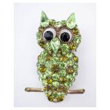 Owl Brooch - Green Rhinestones on Gold-Tone Metal