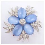 Sterling Silver Blue Cabochon Flower Brooch With Clear Crystal Accents