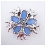 Sterling Silver Blue Cabochon Flower Brooch With Clear Crystal Accents