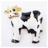 Cow Enamel Brooch Pin - Black & White Body with Gold-Tone Head