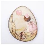 Hand-Painted Stone Brooch - Vintage Girl With Balloon & Dog Scene