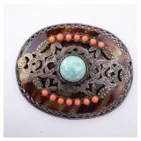 Turquoise Cabochon Brooch - Vintage Silver-Tone Filigree with Coral Bead Accents
