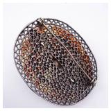 Turquoise Cabochon Brooch - Vintage Silver-Tone Filigree with Coral Bead Accents