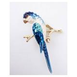 Blue Macaw Parrot Enamel Brooch - Gold Tone with Branch Accent