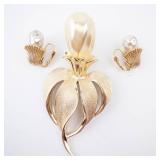Floral Gold-Tone Brooch & Pearl Clip-On Earrings Set