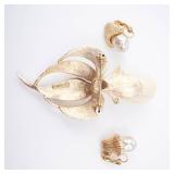 Floral Gold-Tone Brooch & Pearl Clip-On Earrings Set