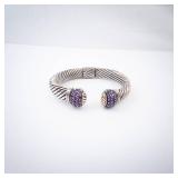 Amethyst Sterling Silver Hinge Cuff Bracelet - Twisted Rope Design