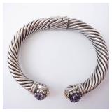 Amethyst Sterling Silver Hinge Cuff Bracelet - Twisted Rope Design