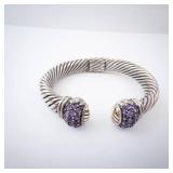 Amethyst Sterling Silver Hinge Cuff Bracelet - Twisted Rope Design