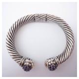 Amethyst Sterling Silver Hinge Cuff Bracelet - Twisted Rope Design